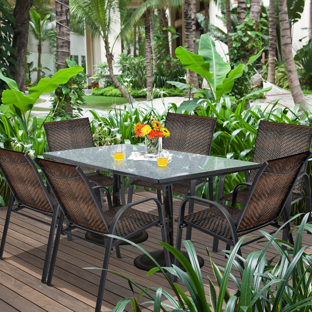 Sit on these outdoor dining chairs to have a delicious meal! Â  For comfort  these patio chairs are ergonomically designed with curved backrests  cozy armrests and deep seats to provide comfy sitting experience. Moreover  the all-weather PE wicker and stu