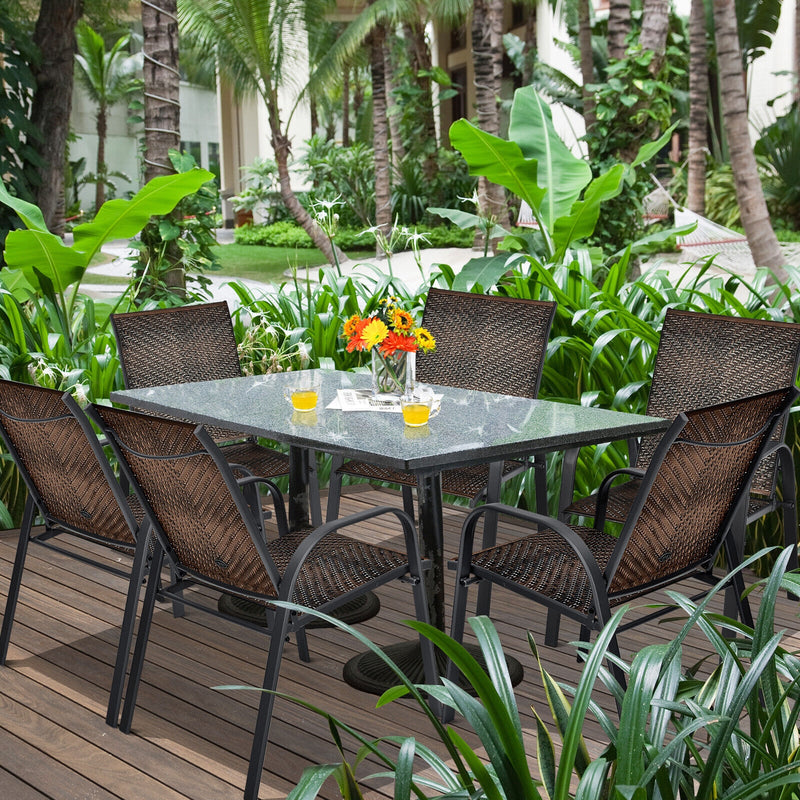 Sit on these outdoor dining chairs to have a delicious meal! Â  For comfort  these patio chairs are ergonomically designed with curved backrests  cozy armrests and deep seats to provide comfy sitting experience. Moreover  the all-weather PE wicker and stu