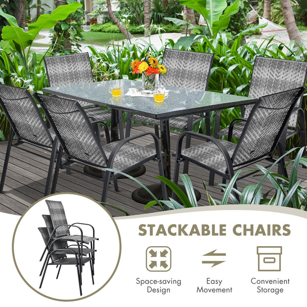 Sit on these outdoor dining chairs to have a delicious meal! Â  For comfort  these patio chairs are ergonomically designed with curved backrests  cozy armrests and deep seats to provide comfy sitting experience. Moreover  the all-weather PE wicker and stu