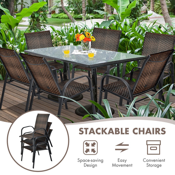 Sit on these outdoor dining chairs to have a delicious meal! Â  For comfort  these patio chairs are ergonomically designed with curved backrests  cozy armrests and deep seats to provide comfy sitting experience. Moreover  the all-weather PE wicker and stu