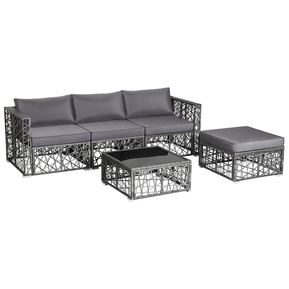 Enjoy the sunshine outdoors with this 5-piece patio furniture set! Â  Based on your selected place  you can customize this outdoor conversation set into a suitable shape. After that  the soft padded cushions are ready for you to sit on  providing you with