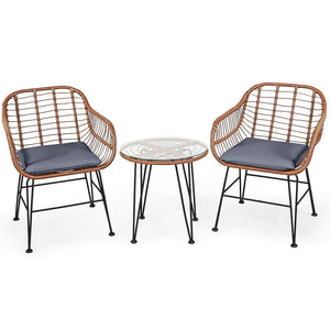 High-quality rattan is durable enough to stand the test of time <br>Including 2 armchairs  1 side table and 2 seat cushions <br>The footpads under the table and chair can prevent scratches <br>The stable construction and iron legs provide strong stability