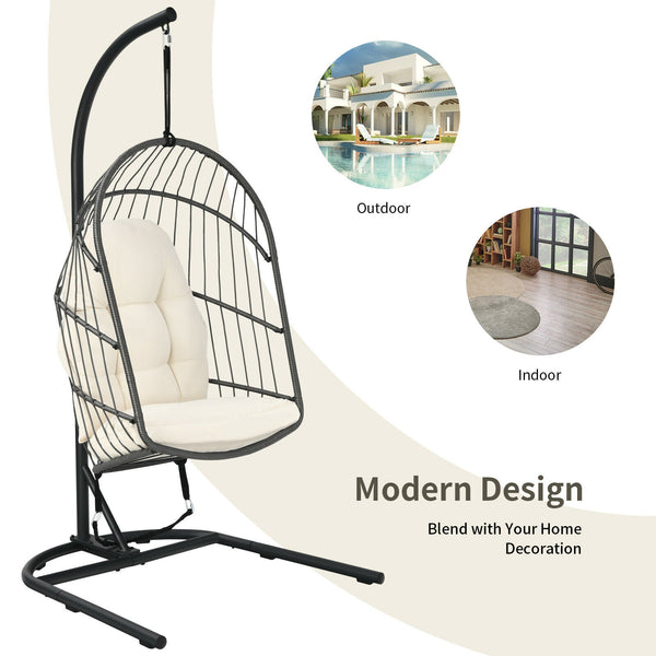 Made of anti-rust steel frame and all-weather PE rattan  this egg hanging chair can stay outside. Likewise  the modern appearance also makes it fit your indoor decoration. Â  If you use it indoors  the anti-slip foot pads protect your floor from scratchin