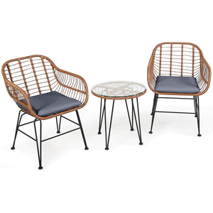 High-quality rattan is durable enough to stand the test of time <br>Including 2 armchairs  1 side table and 2 seat cushions <br>The footpads under the table and chair can prevent scratches <br>The stable construction and iron legs provide strong stability