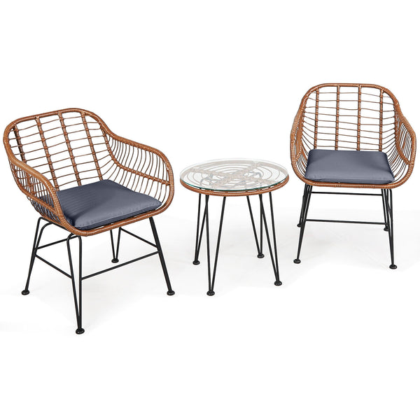 High-quality rattan is durable enough to stand the test of time <br>Including 2 armchairs  1 side table and 2 seat cushions <br>The footpads under the table and chair can prevent scratches <br>The stable construction and iron legs provide strong stability