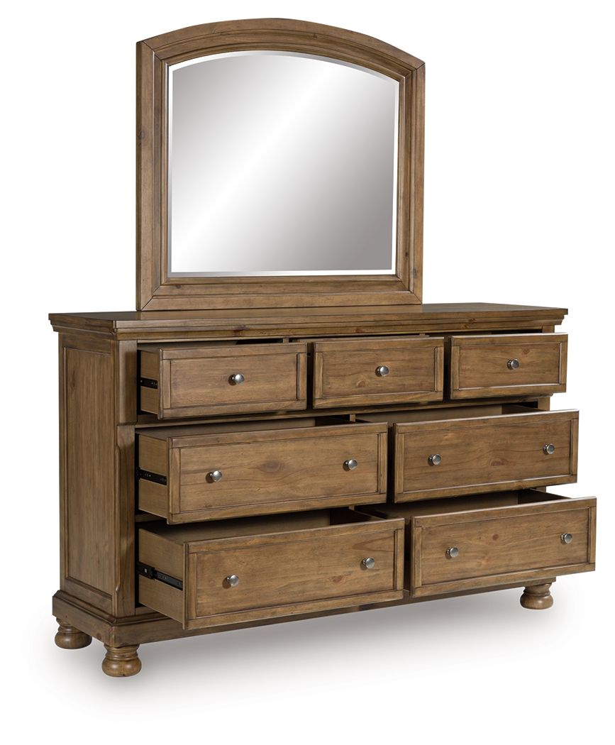 A relaxed take on casual traditional design, this dresser with mirror strikes a comfy pose with a classic sensibility. Its timeless design and chestnut brown wood tone create a welcoming retreat tailored to your laid-back lifestyle. Metal knobs in an aged