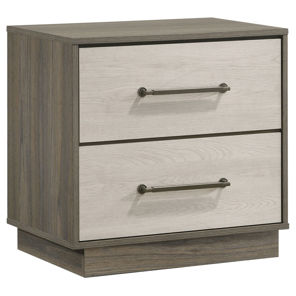 Enhance your bedroom with the perfect blend of style and functionality with this contemporary nightstand. Featuring a sleek two-tone melamine design, this nightstand offers a modern aesthetic that complements any decor. The two spacious drawers provide am