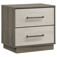 Enhance your bedroom with the perfect blend of style and functionality with this contemporary nightstand. Featuring a sleek two-tone melamine design, this nightstand offers a modern aesthetic that complements any decor. The two spacious drawers provide am