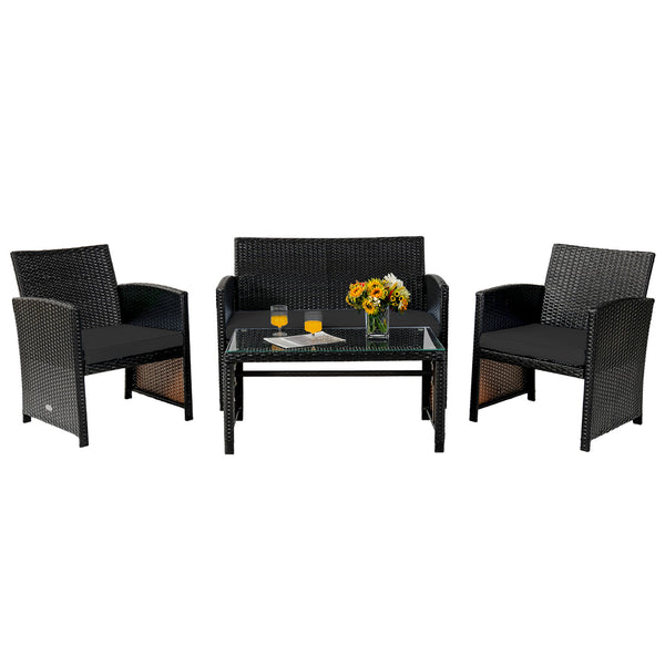 This four-piece rattan furniture set brightens up your living space while providing a comfortable seat. Â  Crafted with premium rattan  each piece creates a cool and textured appearance  which perfectly matches your outdoor or indoor space. In addition  r