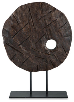 Elegantly adorn your bookshelf, mantel or dining table with this sculpture. Wood in an antiqued brown finish is brimming with natural beauty and adds warmth to your space. A sleekly styled black metal base grounds the piece.<br/><br/><b>Product Features</