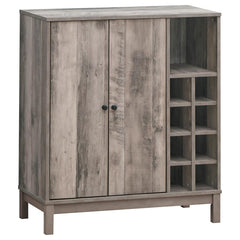 Perfect for compact homes comes this rustic wine cabinet. With a weathered Acacia wood-like finish over the frame, this wine cabinet lends itself to modern farmhouse style living rooms and dining rooms. On the right side are eight wine bottle storage cubb