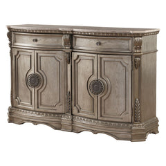 Assambled, Server w/Marble Top Storage: 2 Drawers, 4 Wooden Doors (2 Shelves Inside) Raised Scrolled Motifs: Acanthus Leaves, and Carved Molding Trim (Top & Base) Wooden Case-Frame Drawer: Glide Side Metal (Ball Bearing 27mm, Full Ext.), Dovetail French F