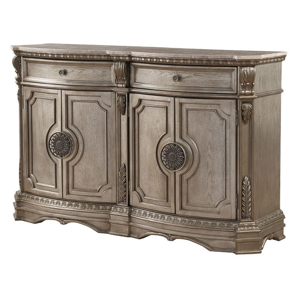 Assambled, Server w/Marble Top Storage: 2 Drawers, 4 Wooden Doors (2 Shelves Inside) Raised Scrolled Motifs: Acanthus Leaves, and Carved Molding Trim (Top & Base) Wooden Case-Frame Drawer: Glide Side Metal (Ball Bearing 27mm, Full Ext.), Dovetail French F