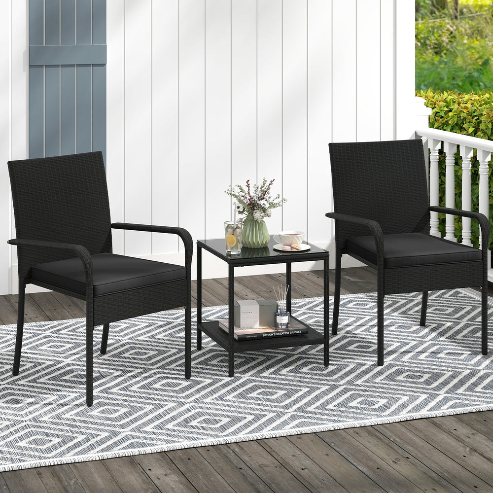Crafted from appealing and long-lasting PE rattan<br>Comfortable to sit with ergonomic backrest and armrests<br>Soft seat cushions bring more coziness<br>Zippered cushion covers for simple maintenance<br>Side table with 2-tier design for more storage spac