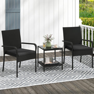 Crafted from appealing and long-lasting PE rattan<br>Comfortable to sit with ergonomic backrest and armrests<br>Soft seat cushions bring more coziness<br>Zippered cushion covers for simple maintenance<br>Side table with 2-tier design for more storage spac