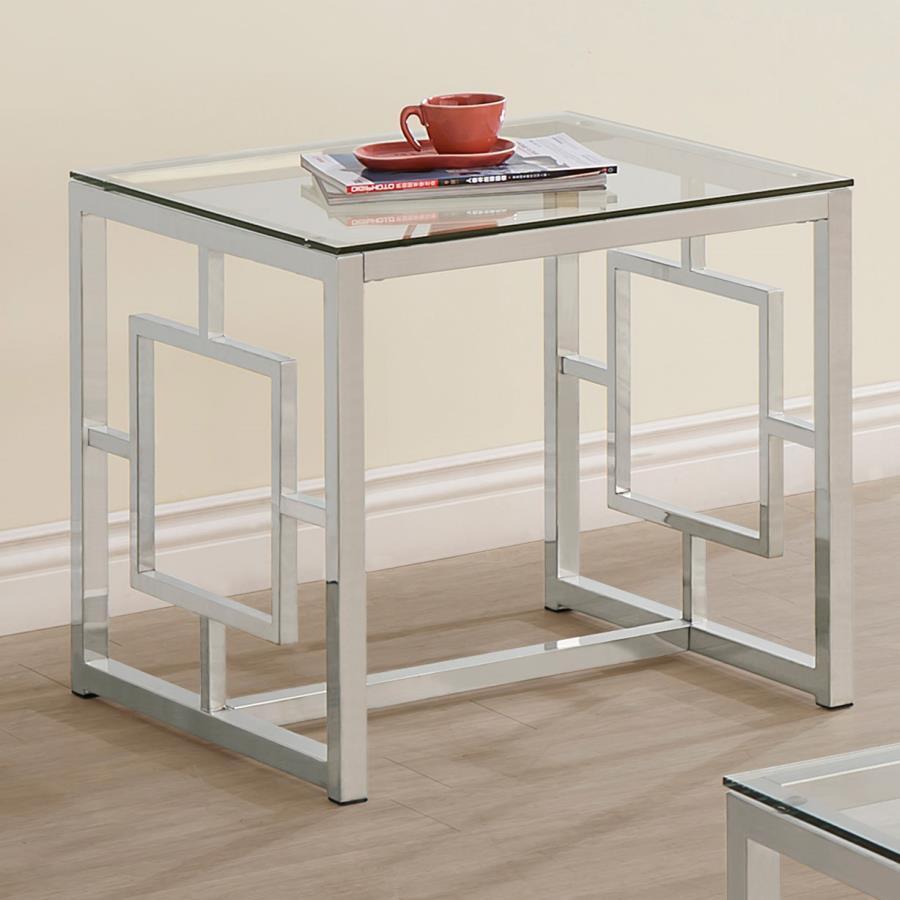 This square end table combines contemporary style with a sleek design, making it an excellent addition to any living room. The clear tempered glass top is durable and easy to maintain, while the electroplated chrome frame provides a polished, reflective f