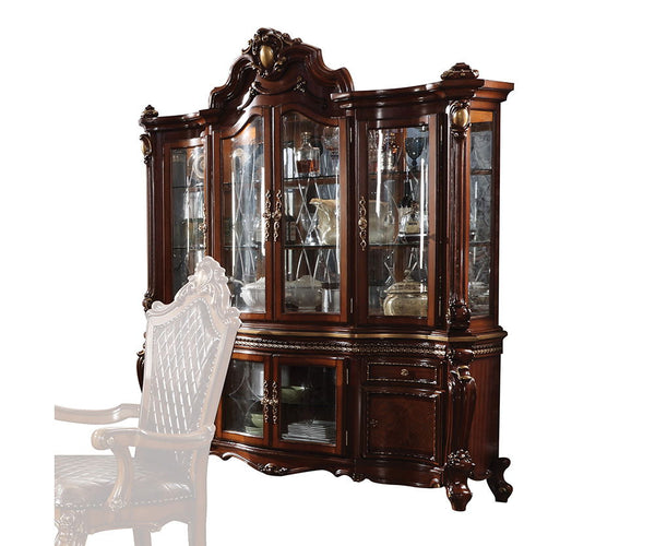 Hutch & Buffet Storage Hutch: 4 Glass Doors (3 Compartments with 2 Glass Shelves) Storage Buffet: 2 Drw, 4 Doors (Inside: 2 Glass Doors w/1 Glass Shelf, 2 Wood Doors w/1 Shelf) Hutch w/Touch Light & Mirrored Back Panel, Oversized Crown, Raised Moldings, a
