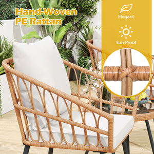 Hand-woven PE rattan combines durability with elegance<br>Soft cushions filled with high-elasticity sponge for added comfort<br>Easy-to-use zippers make it easy to detach and wash cushion covers<br>Thick metal tubes and triangular connectors for excellent