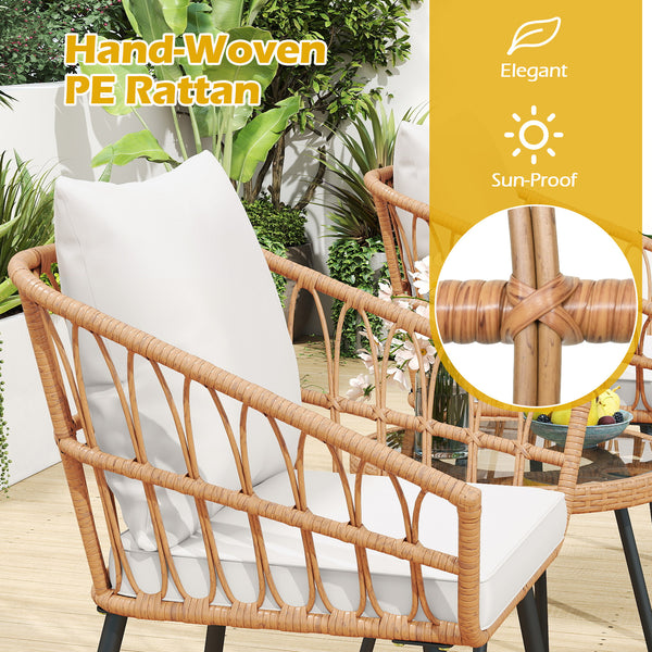 Hand-woven PE rattan combines durability with elegance<br>Soft cushions filled with high-elasticity sponge for added comfort<br>Easy-to-use zippers make it easy to detach and wash cushion covers<br>Thick metal tubes and triangular connectors for excellent
