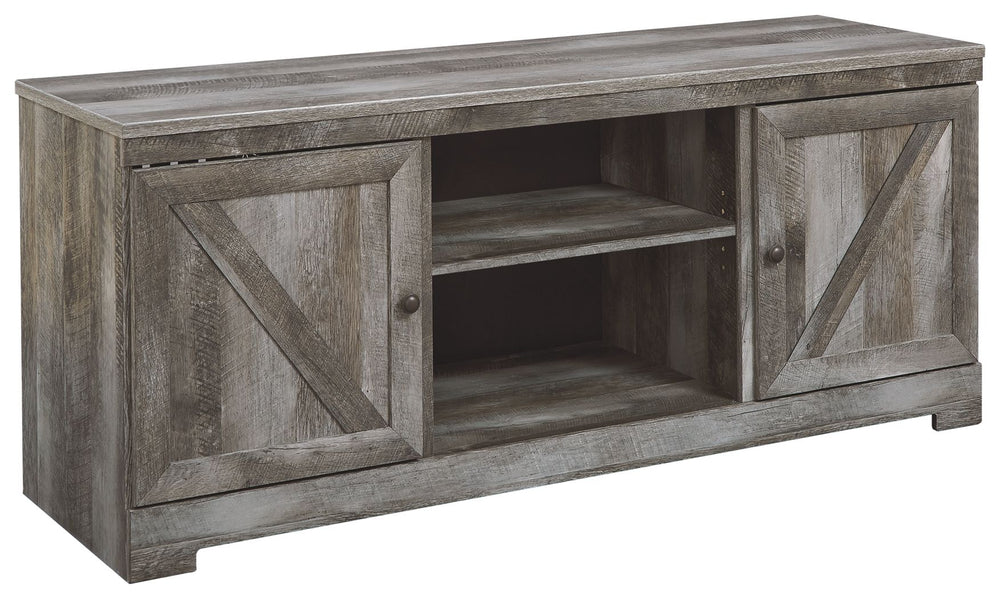 This TV stand with fireplace option is sure to win your heart with its daring designer take on modern rustic. The standâ€™s crisp, clean and minimalist-chic profile is enriched with a striking replicated oak grain with thick plank styling and a weathered 