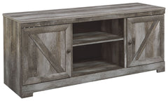 This TV stand with fireplace option is sure to win your heart with its daring designer take on modern rustic. The standâ€™s crisp, clean and minimalist-chic profile is enriched with a striking replicated oak grain with thick plank styling and a weathered 