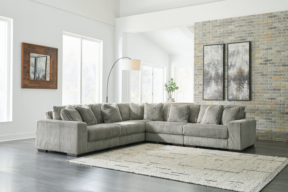 Plush and posh. Showcase your eye for on-trend texture with the statement-making cord upholstery of this sectional. Its stunningly soft fabric entices in a warm neutral hue, complementing contemporary color palettes. Sink into the cushions and plan to sta