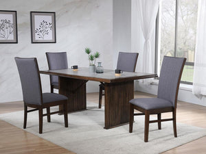 Transform your dining area with this sophisticated dining set, featuring a 72-inch reeded dining table and complementing upholstered side chairs. The table-'s ceramic top combines elegance and durability, while the reeded base adds texture and timeless ap