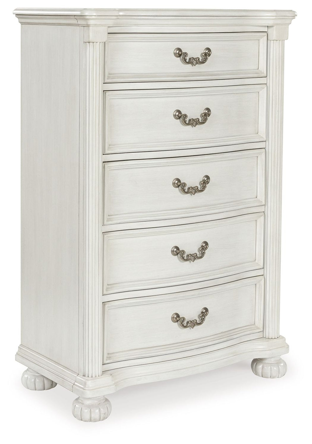Transform your inner sanctum into a haven of timeless elegance and functionality. This traditionally styled chest of drawers is adorned in a classic antiqued white finish, highlighted by a serpentine-shaped front with thick decorative moulding. Its drawer