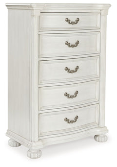 Transform your inner sanctum into a haven of timeless elegance and functionality. This traditionally styled chest of drawers is adorned in a classic antiqued white finish, highlighted by a serpentine-shaped front with thick decorative moulding. Its drawer
