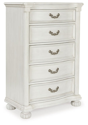 Transform your inner sanctum into a haven of timeless elegance and functionality. This traditionally styled chest of drawers is adorned in a classic antiqued white finish, highlighted by a serpentine-shaped front with thick decorative moulding. Its drawer