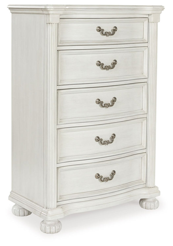 Transform your inner sanctum into a haven of timeless elegance and functionality. This traditionally styled chest of drawers is adorned in a classic antiqued white finish, highlighted by a serpentine-shaped front with thick decorative moulding. Its drawer