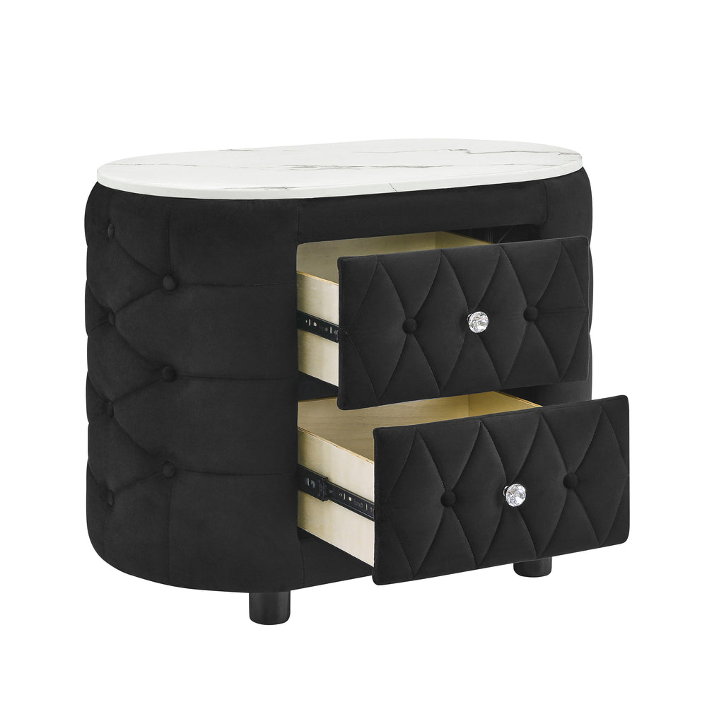 Add a touch of opulence to your space with this exquisitely designed bedside piece, blending contemporary elegance with timeless sophistication. The sleek silhouette is wrapped in a luxurious, tufted finish, complete with shimmering accents that catch the