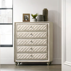 Box Spring Required Button Tufted Padded Headboard LED Included (Headboard & Mirror) Drawer: Side Metal Drawer Glide, Dovetail Drawer Included, 3/4 Extension, Safety Stop Included Glass Top Nightstand & Dresser Wooden Legs