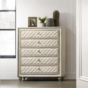 Box Spring Required Button Tufted Padded Headboard LED Included (Headboard & Mirror) Drawer: Side Metal Drawer Glide, Dovetail Drawer Included, 3/4 Extension, Safety Stop Included Glass Top Nightstand & Dresser Wooden Legs