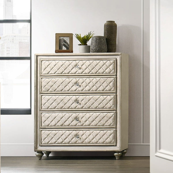 Box Spring Required Button Tufted Padded Headboard LED Included (Headboard & Mirror) Drawer: Side Metal Drawer Glide, Dovetail Drawer Included, 3/4 Extension, Safety Stop Included Glass Top Nightstand & Dresser Wooden Legs