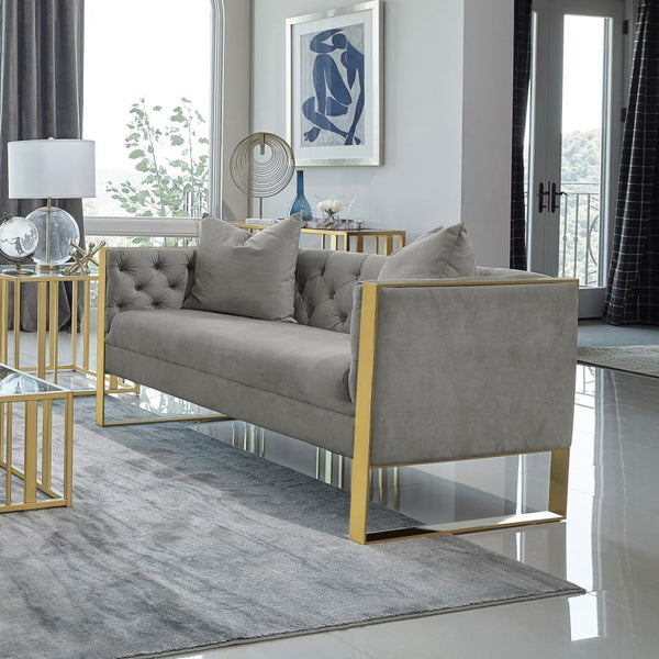  but it-'s the cozy comfort that will leave you hooked. The button tufted velvet upholstery comes in an elegant light grey finish that-'s soft to the touch. Two throw pillow
