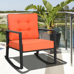 Sturdy and durable frame with exquisite rattan <br>Comfortable and safe rocking function <br>Thick and soft cushion for seat and back <br>Cushions are fixed by strings to prevent a move <br>Pads at the bottom can avoid sliding and protect rattan <br>Desig