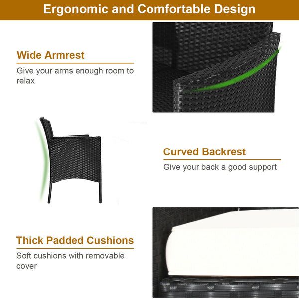 Rugged steel frame is durable and sturdy<br>High-quality rattan is weather-resistant and fade-resistant<br>Tempered glass table top is fixed by powerful suckers<br>Soft seat cushions is filled with high-density sponge<br>The zippered cover is removable an