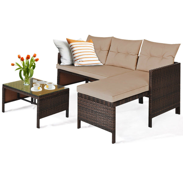 Outdoor sectional sofa  available for 3-4 friends comfortably with a glass table to hold food and drinks <br>Premium transparent tempered glass top  securely placed on the sturdy wicker table  more convenient to clean <br>L-shape design fits any corner of