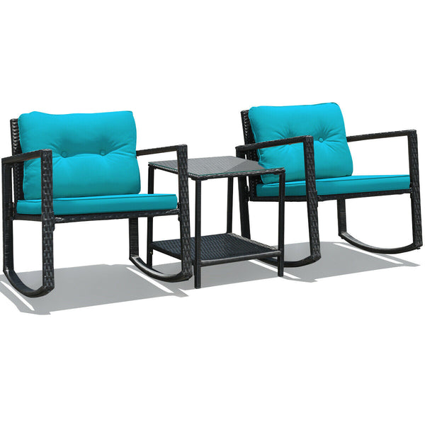 Including 1 table with tempered glass top and 2 rocking chairs <br>Sturdy and heavy steel frame ensures large weight capacity <br>High-quality PE wicker can withstand the moderate change in weather <br>Slightly sloping back and seat of the rocking chair o