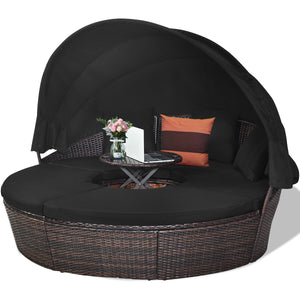 Includes: 1 x Rattan round daybed  4 x Sector cushion  3 x Pillow  1 x User guide<br>Will be delivered in 4 packages so the arriving time may vary<br>Durable and sturdy steel frame to keep stable<br>Lightweight and premium PE rattan material for long life