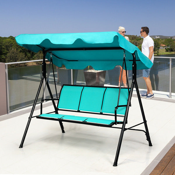 Able to comfortably sit and swing 3 people independently <br>Made of a high quality  weather-resistant steel frame with wide  sturdybase <br>Adjustable canopy design for optimal shade coverage and rain protection <br>Comfortable angle and well-ventilated 