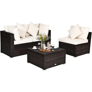 Includes 2 corner sofas  1armless table and 1 ottoman for versatile use<br>Sturdy powder-coated steel frame provides strong durability and stability<br>All-weather and wear-resistant PE rattan provides a long service life<br>Thick and soft sponge padded c