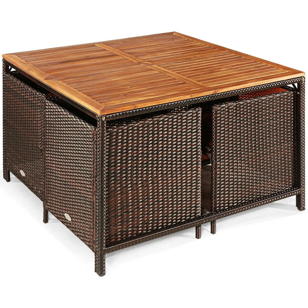 Made of PE wicker and sturdy steel frame ensuring weather resistance<br>Acacia wood tabletop makes sure the sturdiness and durability<br>Suitable for outdoor use with umbrella hole design<br>Cushioned seats with wide backrest bring you a comfortable exper