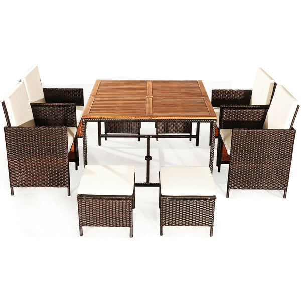 Made of PE wicker and sturdy steel frame ensuring weather resistance<br>Acacia wood tabletop makes sure the sturdiness and durability<br>Suitable for outdoor use with umbrella hole design<br>Cushioned seats with wide backrest bring you a comfortable exper