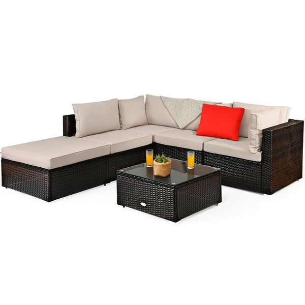 Package includes 2 Corner sofas 2 Armless sofas 1 Ottoman 1 Tempered glass table 5 Seat cushions 6 Back cushions and 1 User guide<br>Sturdy and solid steel frame ensures the sturdiness of the set<br>Tight and hand-woven rattan wraps the steel frame<br>Thi