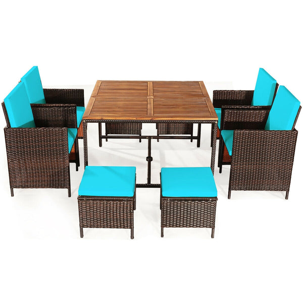 Made of PE wicker and sturdy steel frame ensuring weather resistance<br>Acacia wood tabletop makes sure the sturdiness and durability<br>Suitable for outdoor use with umbrella hole design<br>Cushioned seats with wide backrest bring you a comfortable exper
