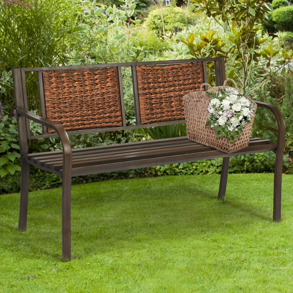 Enjoy your comfortable outdoor time with your friends or family members with this patio garden bench. Â  It is made of all weather PE rattan and powder coated steel frame  which ensure the durability and sturdiness for long servicing life. Meanwhile  the 