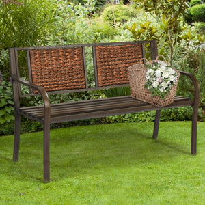 Enjoy your comfortable outdoor time with your friends or family members with this patio garden bench. Â  It is made of all weather PE rattan and powder coated steel frame  which ensure the durability and sturdiness for long servicing life. Meanwhile  the 