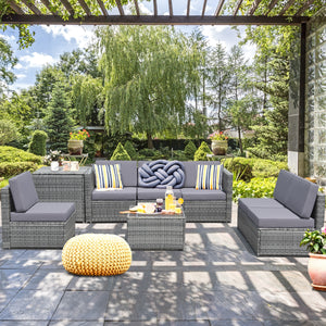 Including 6 sofas  1 storage box  1 coffee table  6 seat cushions and 6 back cushions <br>Sturdy iron frame and premium rattan for better durability <br>Large load-bearing capacity-- 360 lbs for each sofa and 110 lbs for coffee table <br>A storage box as 